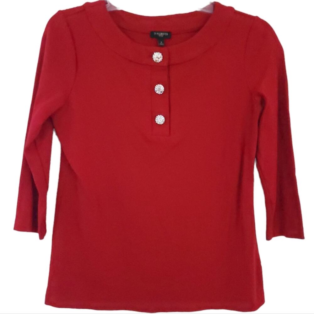 Talbots Red Shirt Petite P (XS) Rhinestone Buttons Holiday Christmas, 3/4 Sleeve